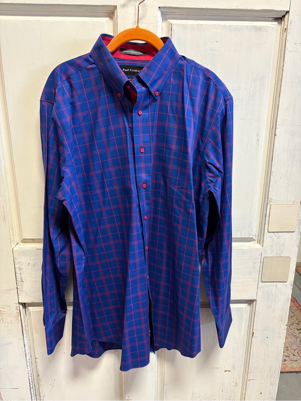 Paul Fredrick Blue and Red Windowpane Button-Down Dress Shirt